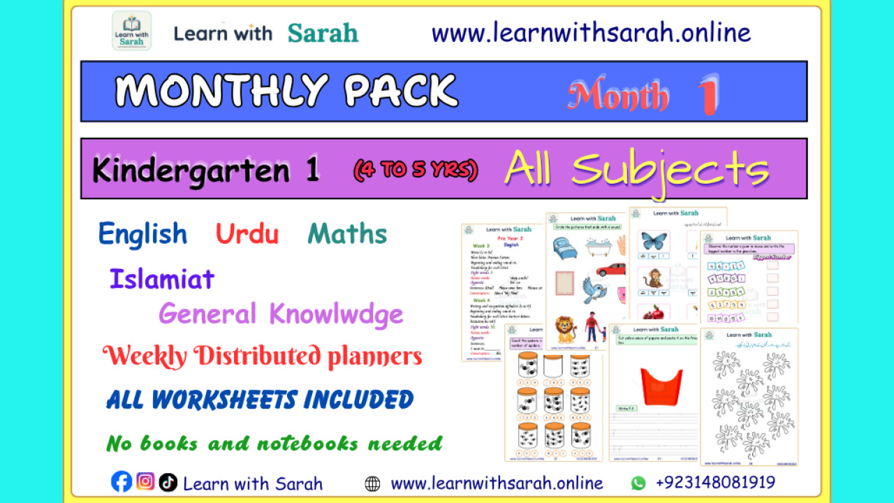 Worksheets and Planners pack Kindergarten 1 (Age 4 to 5 years) Month 1