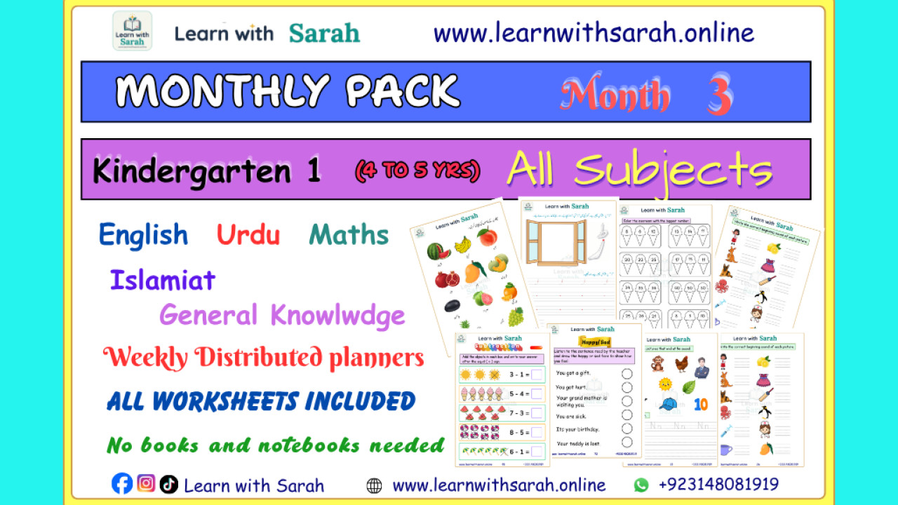 Worksheets and Planners pack Kindergarten 1 (Age 4 to 5 years) Month 3